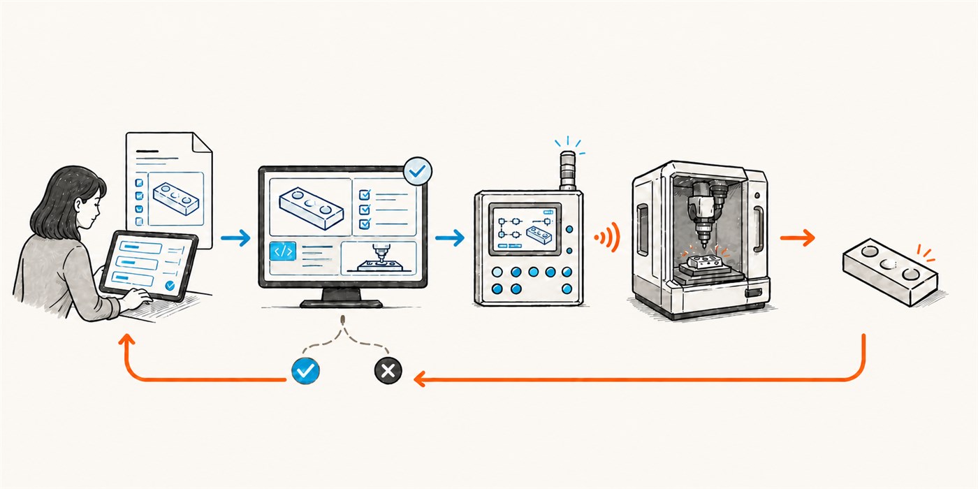 An illustrated workflow showing requirements becoming software, control instructions, a fabrication process, and the finished machined part